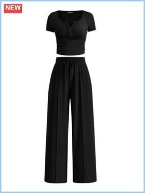 Ribbed Knit Crop Top Wide Leg Pants Set Two Piece Lounge Outfit